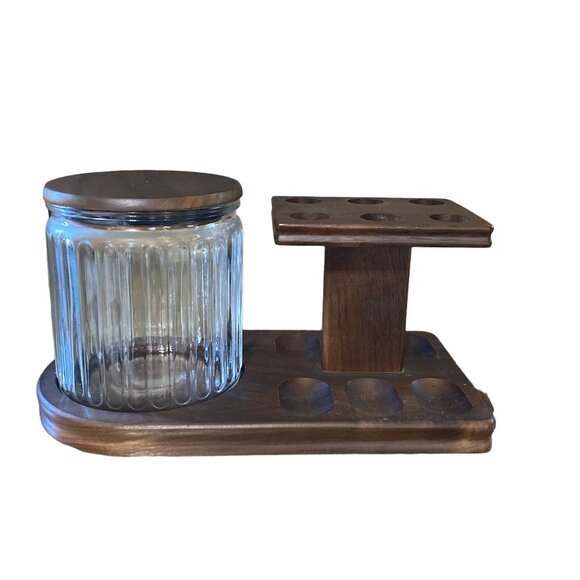 Vintage Deco 6 Pipe Walnut Tobacco Stand Ribbed Glass Humidor Decatur Industries - Picture 10 of 16